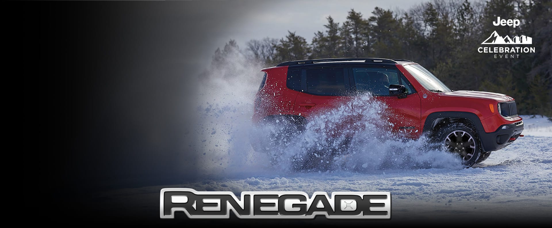 A passenger-side profile of a red 2023 Jeep Renegade Trailhawk being driven through the snow off-road. Jeep. Jeep Celebration Event logo. Renegade.