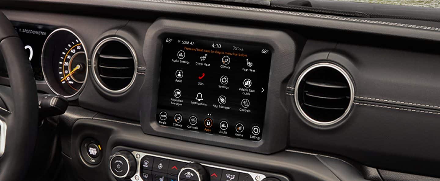 The Uconnect touchscreen in the 2021 Jeep Gladiator Overland.