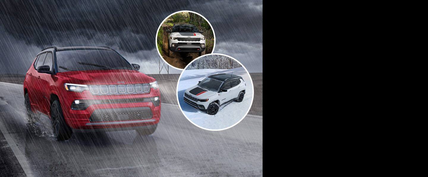 A red 2023 Jeep Compass High Altitude being driven on a highway in a rainstorm. Inset images include a white 2023 Jeep Compass Trailhawk being driven through mud and a white 2023 Jeep Compass Trailhawk being driven on snow.