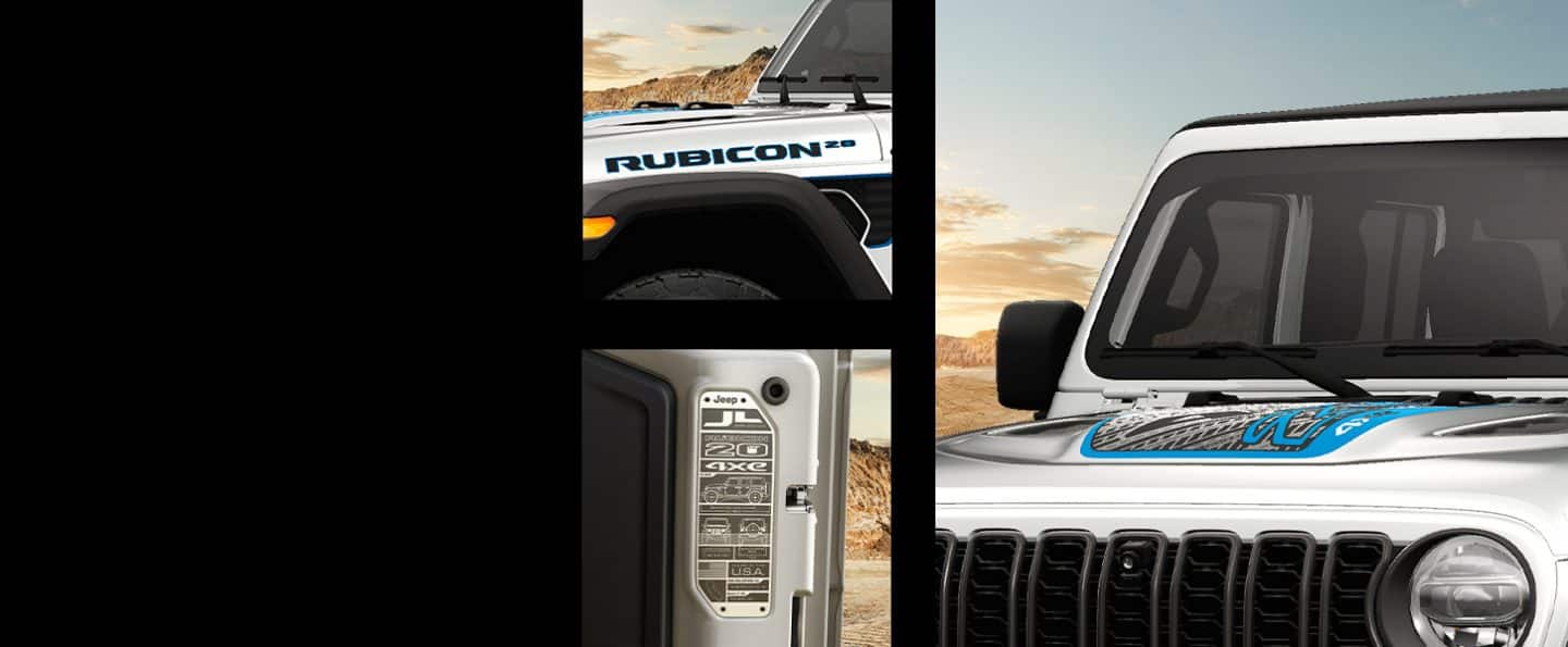 A set of three 2023 Jeep Wrangler Rubicon 392 20th Anniversary Edition images that includes the Rubicon 20 fender decal, the hood decal and the build plaque.