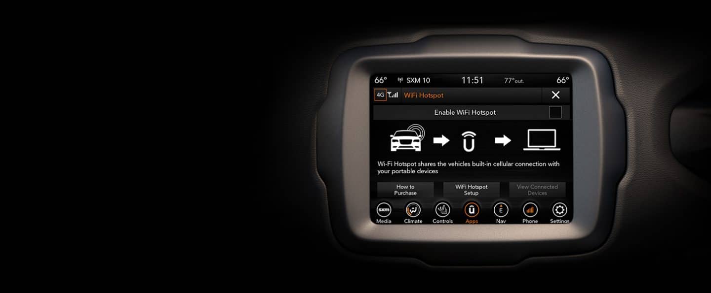 The touchscreen in the 2023 Jeep Renegade displaying instructions for enabling the wifi hotspot.
