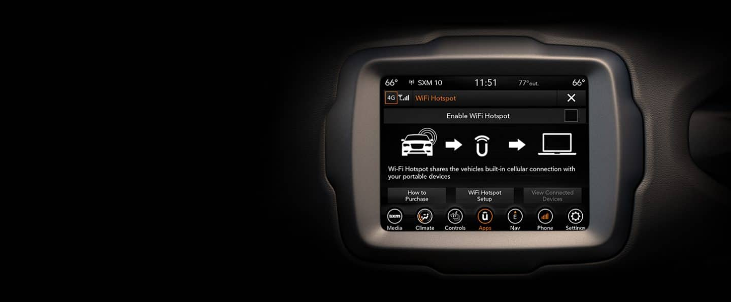 Pantalla táctil del Jeep Renegade 2023, en la que se muestran instrucciones para habilitar el punto de acceso WiFi.