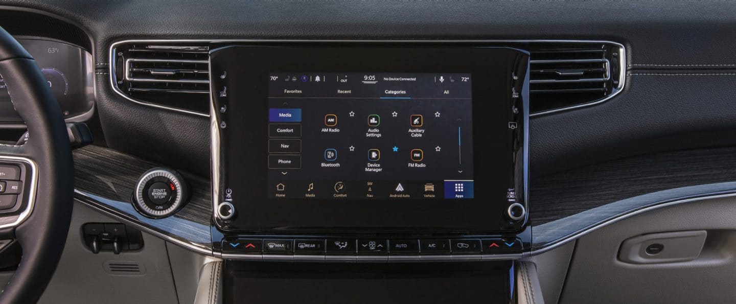 A close-up of the Uconnect touchscreen in the 2023 Wagoneer.