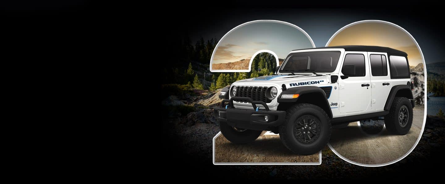 A white 2023 Jeep Wrangler Rubicon 4xe 20th Anniversary Edition parked with mountains in the background. A large semi-transparent numeral 20 is positioned directly behind the vehicle.