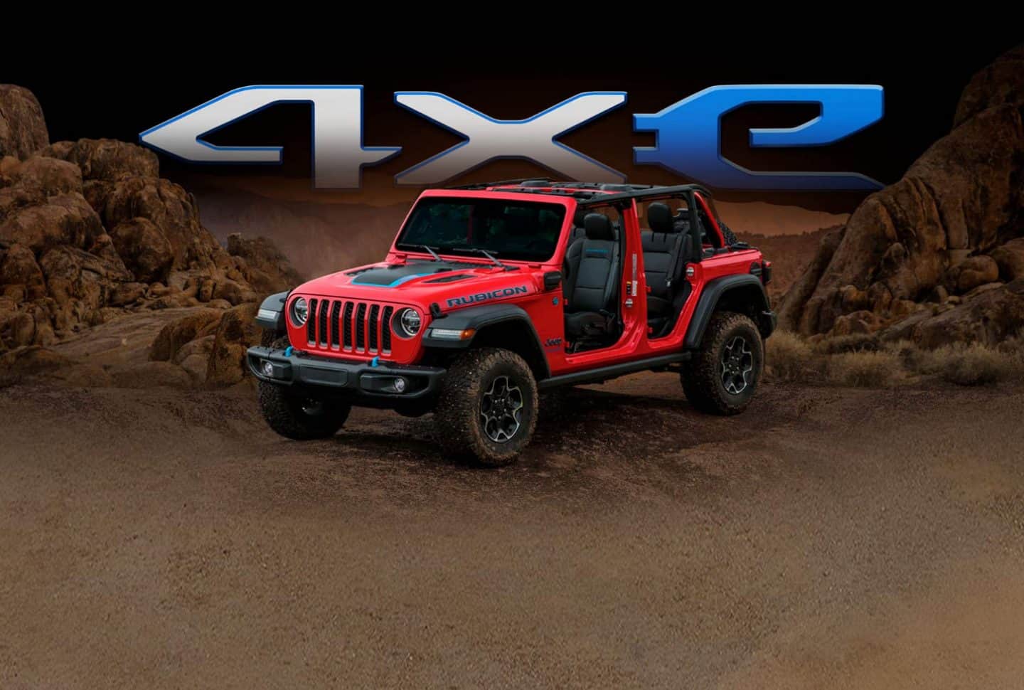 4xe. The 2023 Jeep Wrangler Rubicon 4xe with its top and doors off.