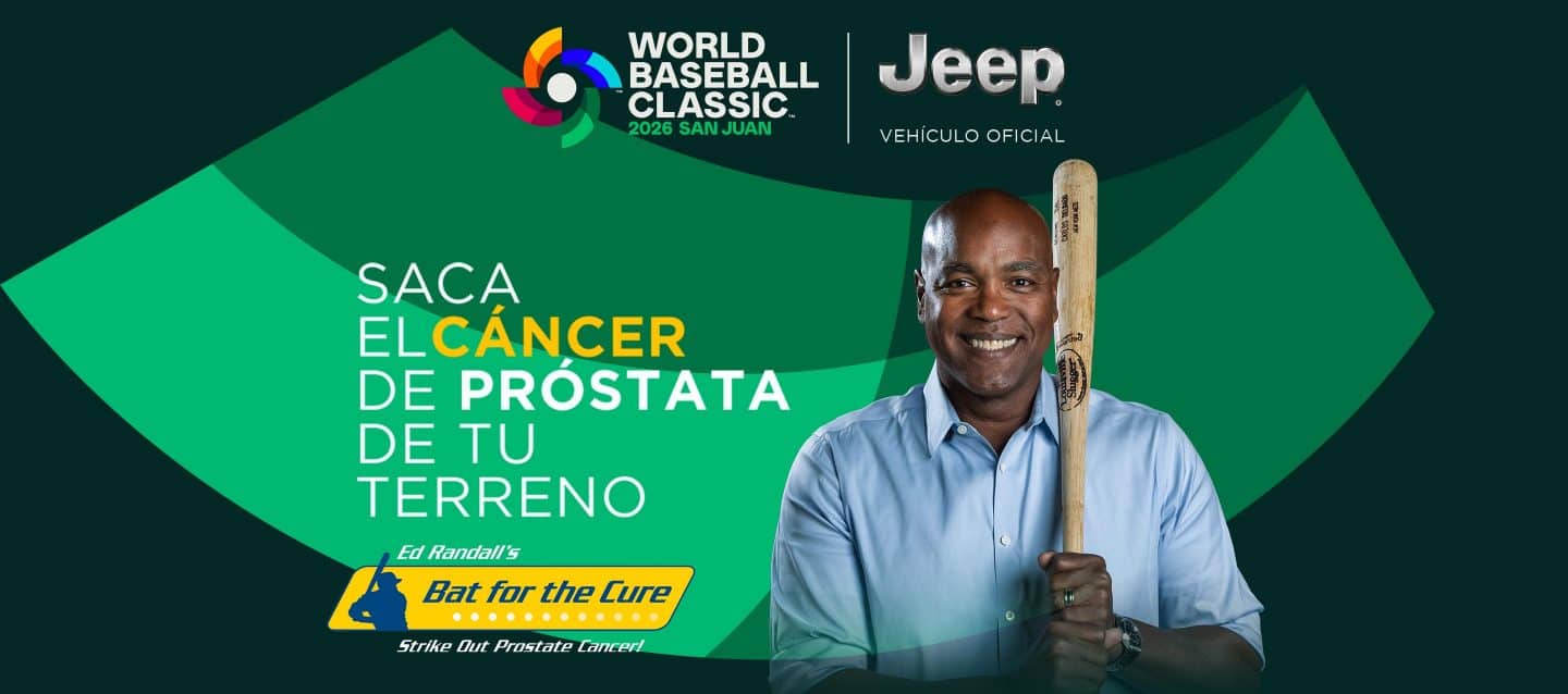 World Baseball Classic Logo y Logo de Jeep con Carlos Delgado promoviendo el esfuerzo de Bat for The Cure sobre el cáncer de la próstata en Puerto rico. En el Estadio Hiram Bithorn 6-11 de marzo. Con pruebas de sangre gratis y confidencial. Jeep Cherokee imagen para que conozcan el nuevo vehículo durante el juego del clásico.