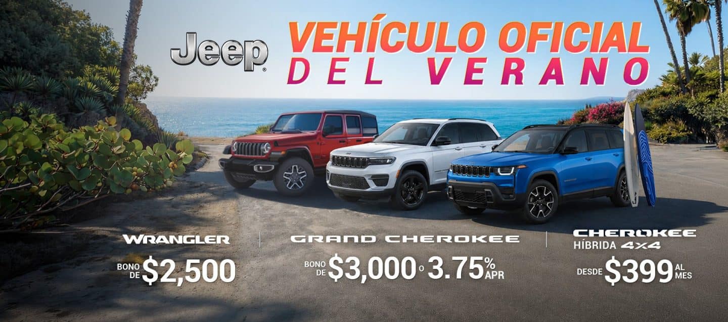 Vehículo oficial del Verano con logo de Jeep y background de playa. Premio que podrías ganar 1 de 5 estadías en el Hotel Conquistador. Foto de varios vehículos Jeep con sus respectivas ofertas. Jeep Wrangler, Gladiator, Compass, Grand Cherokee, Cherokee.  