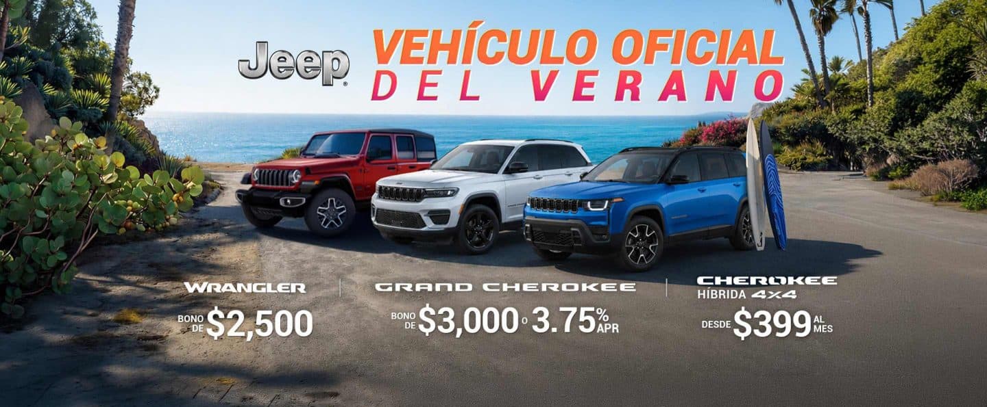 Vehículo oficial del Verano con logo de Jeep y background de playa. Premio que podrías ganar 1 de 5 estadías en el Hotel Conquistador. Foto de varios vehículos Jeep con sus respectivas ofertas. Jeep Wrangler, Gladiator, Compass, Grand Cherokee, Cherokee.
