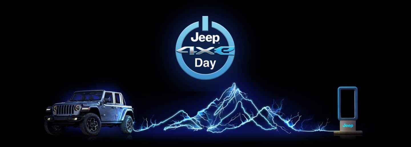 A 2023 Jeep Wrangler Rubicon 4xe with arcing electricity forming the shape of a mountain range and connecting it with a Jeep charging station. The Jeep 4xe Day logo.