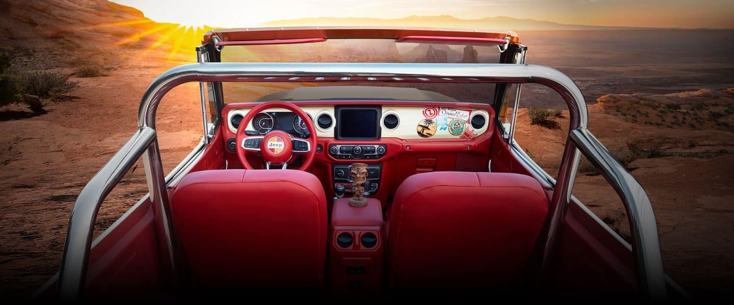 The interior of the Jeep D-Coder concept in the desert at sunrise.