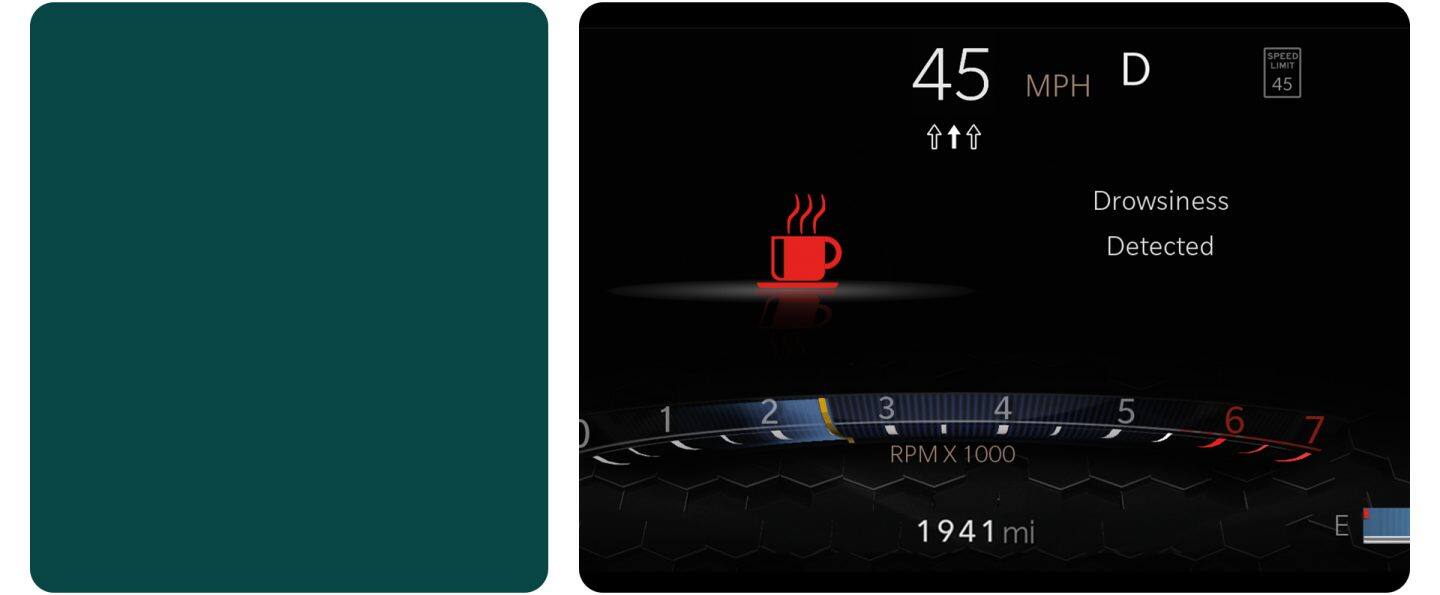 La pantalla digital en el panel de instrumentos de un Jeep Compass 2026, en la que se muestra la alerta por conductor somnoliento.