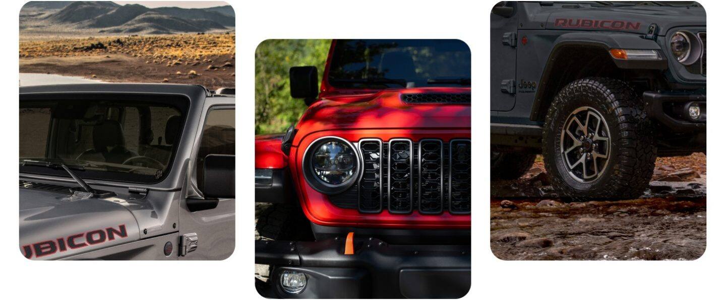 Tres ángulos exteriores del Jeep Gladiator 2026: el parabrisas del Rubicon, un faro y parte de la parrilla de siete ranuras, y la rueda y el neumático de un Rubicon X. 