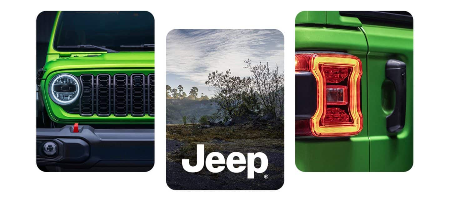 La parrilla, los faros delanteros y los ganchos de remolque rojos de un Jeep Wrangler Rubicon 2026 en verde lima. 