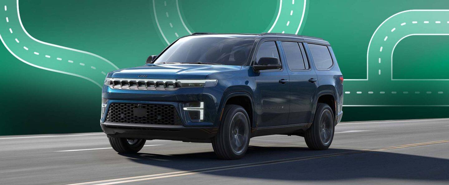 Ángulo delantero del lado del conductor de una Jeep Grand Wagoneer Summit Obsidian 2026 azul.