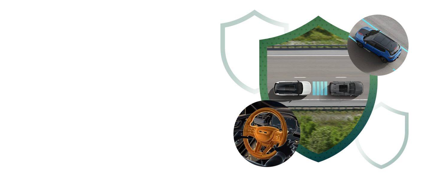 Un montaje de tres características de seguridad que demuestran la asistencia para manejo activa, el control de velocidad adaptable con Stop and Go y la gestión de carril activa.