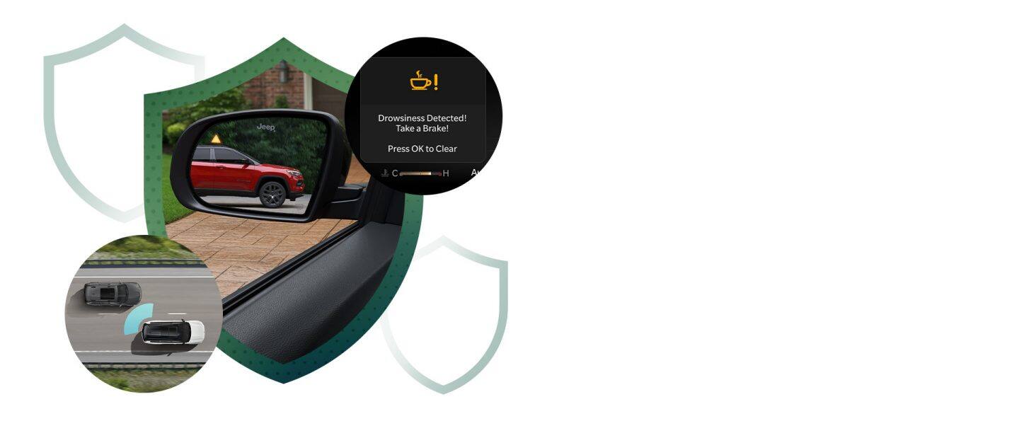 Un montaje de tres características de seguridad que demuestran el control de punto ciego, la detección en reversa de ruta transversal y la alerta de conductor somnoliento.