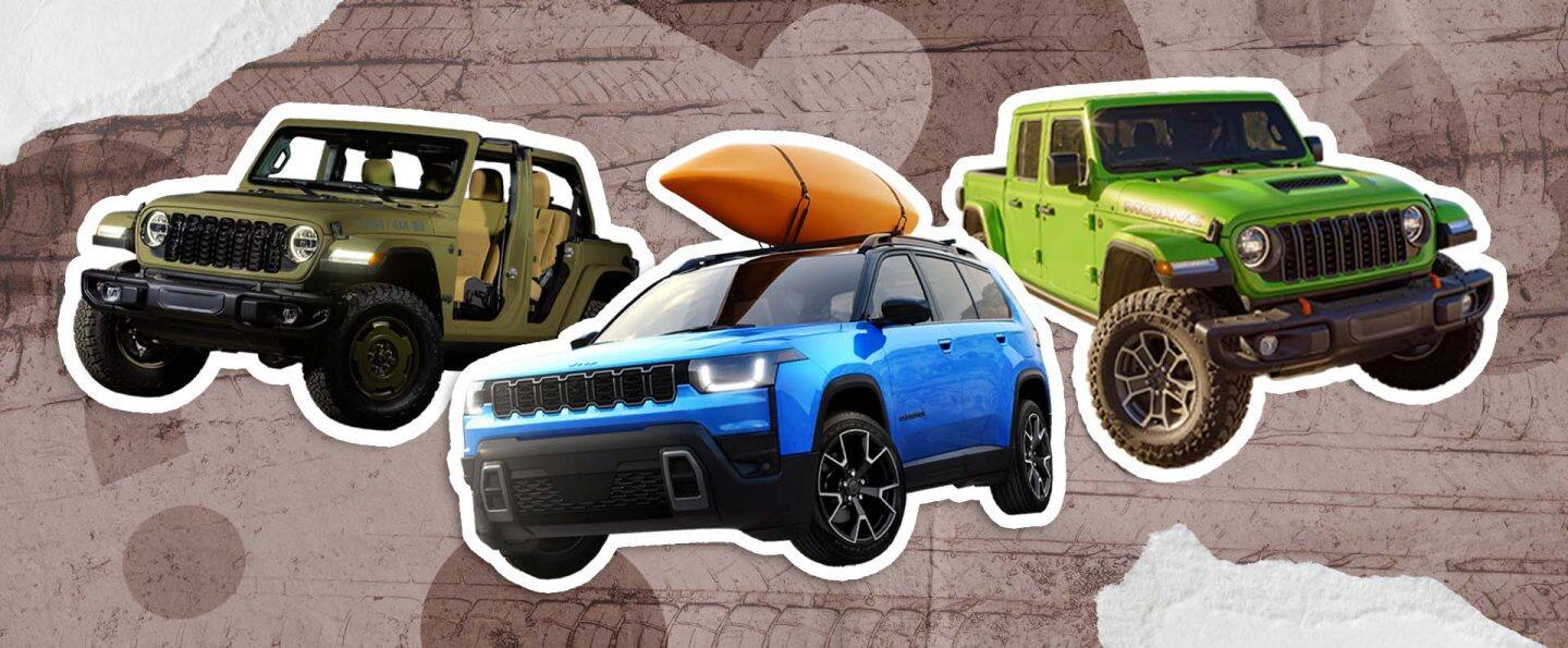 Tres SUV de la marca Jeep 2026 sobre un fondo ilustrado. De izquierda a derecha: un Wrangler Willys 41 verde oliva con las puertas extraídas; una Cherokee Overland azul con un kayak sujeto a la parrilla portaequipaje; y un Gladiator Mojave verde lima.