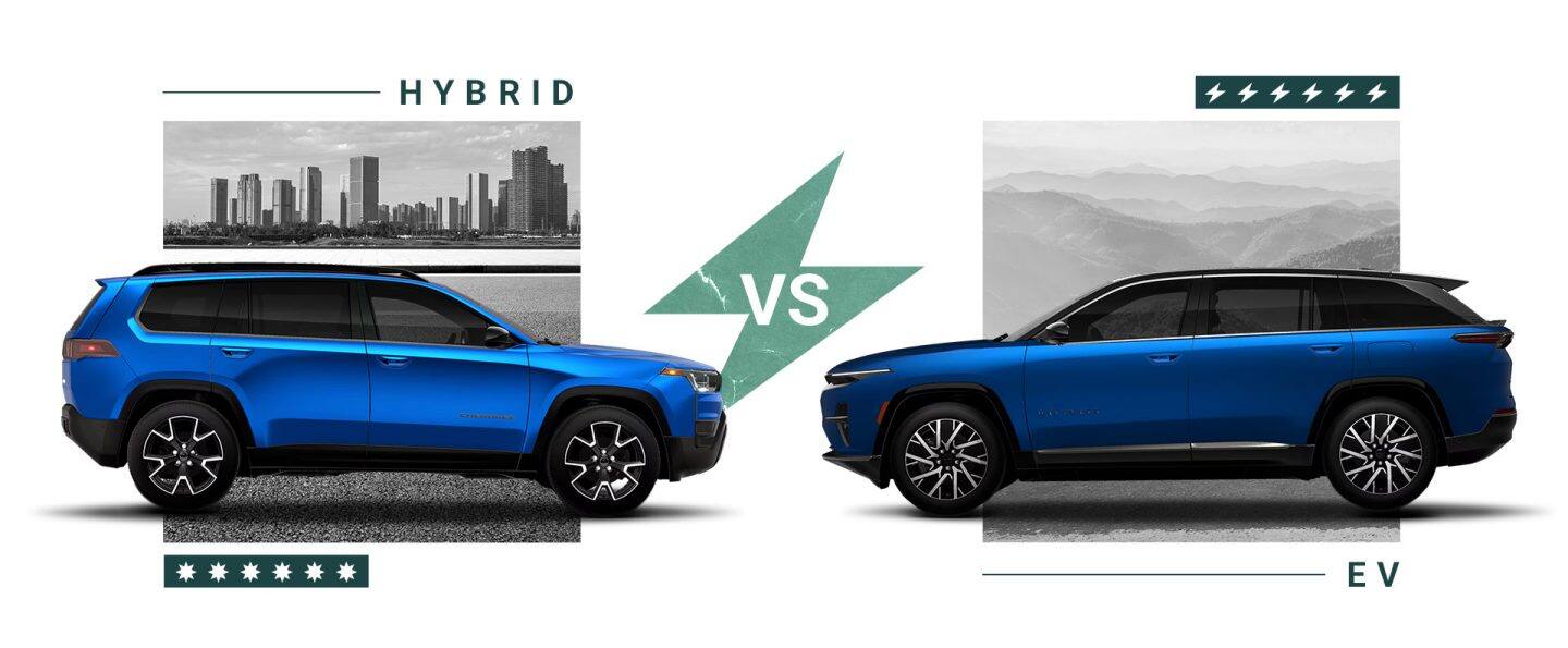 A blue passenger-side profile of a 2026 Jeep Cherokee Laredo and a blue driver-side profile of a 2026 Jeep Wagoneer S Limited facing each other, head-to-head. Hybrid versus EV.