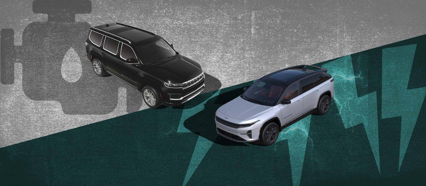 A black 2026 Jeep Grand Wagoneer on a background of an illustrated internal combustion engine and a silver 2026 Jeep Wagoneer S on a background of illustrated lightning bolts representing electricity.