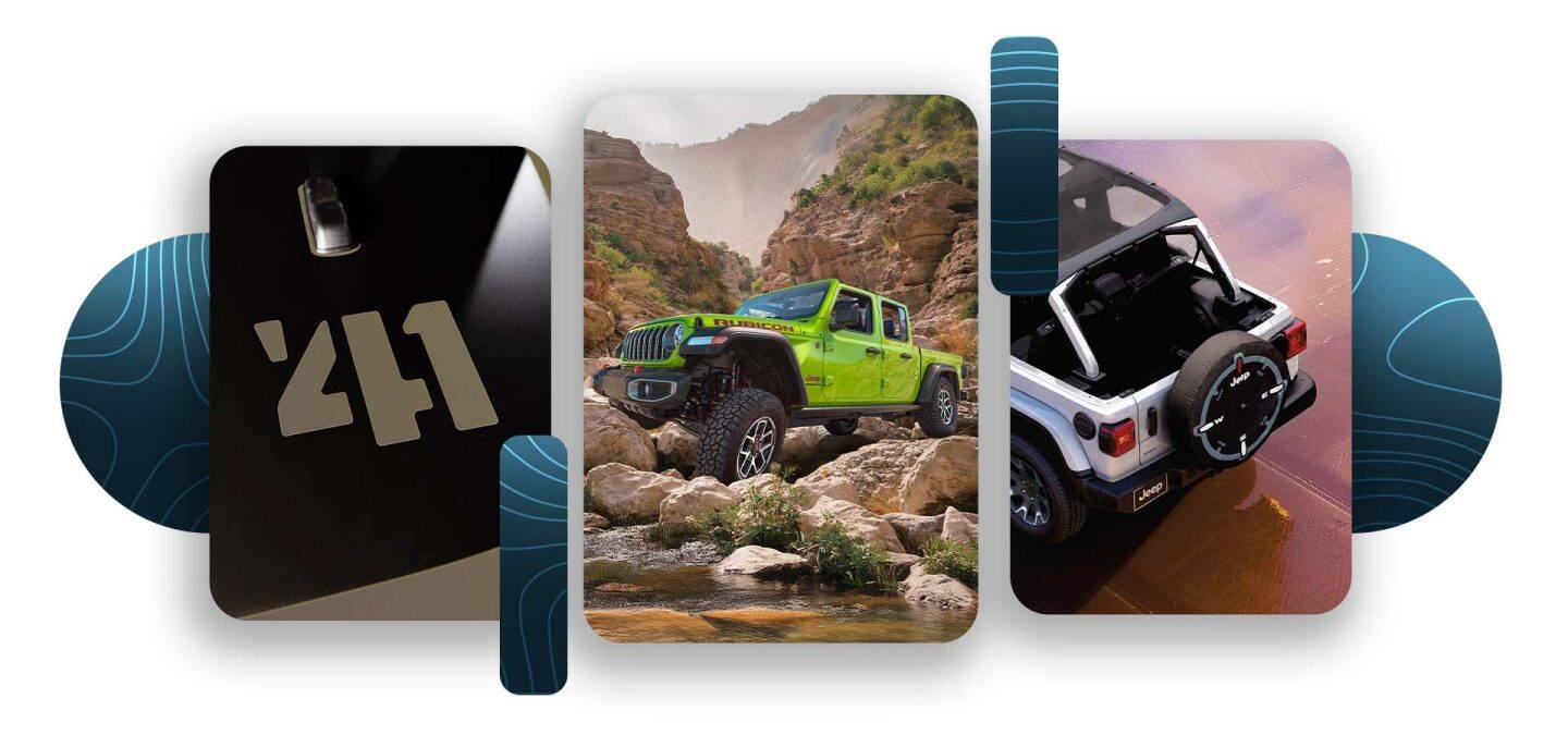 Un montaje de tres características de diseño de la marca Jeep 2026: el sticker '41, un Jeep Gladiator Rubicon en verde lima y la parte trasera de un Jeep Wrangler Sahara en blanco sin el techo y la ventana trasera.