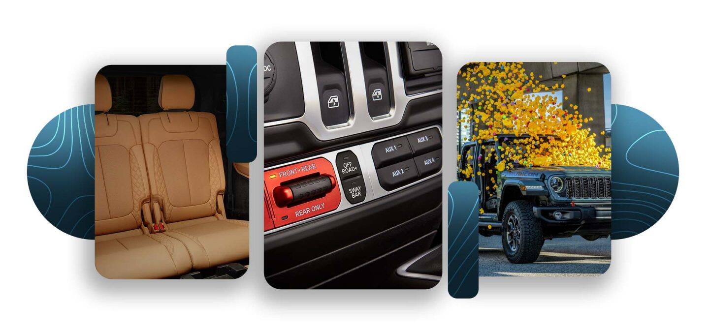Un montaje de tres características de diseño de la marca Jeep 2026: asientos traseros tapizados en piel Camel en una Grand Cherokee, los controles del diferencial de bloqueo delantero y trasero, los controles del modo todoterreno Plus y la desconexión de la barra estabilizadora, y los controles auxiliares de un Wrangler, y por último, un Wrangler Rubicon X en azul con cientos de patitos de goma Jeep cayendo en cascada por la SUV.
