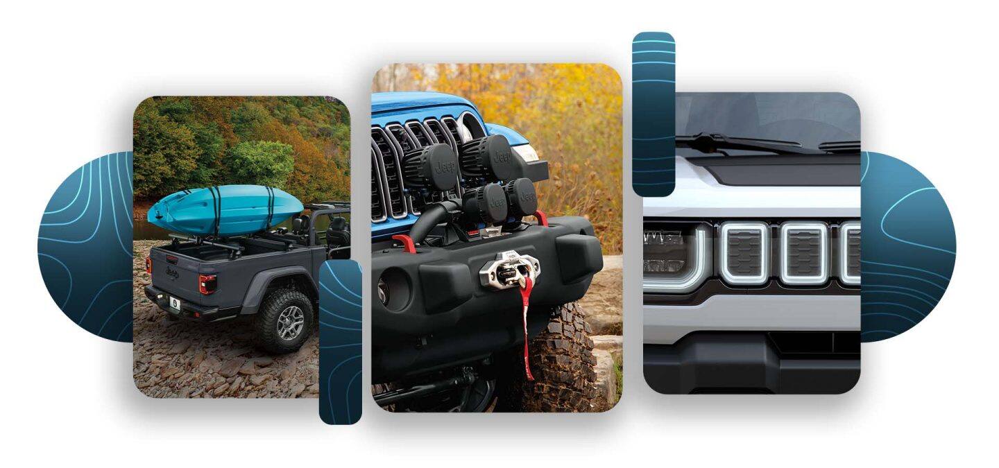 Un montaje de tres características de diseño de los vehículos de la marca Jeep 2026: la caja de carga de un Jeep Gladiator gris con un kayak sujeto a los rieles de la caja, un protector tubular de parrilla con luces LED y cabrestante en la parte delantera de un Jeep Wrangler, y la parrilla iluminada de un Jeep Recon blanco.