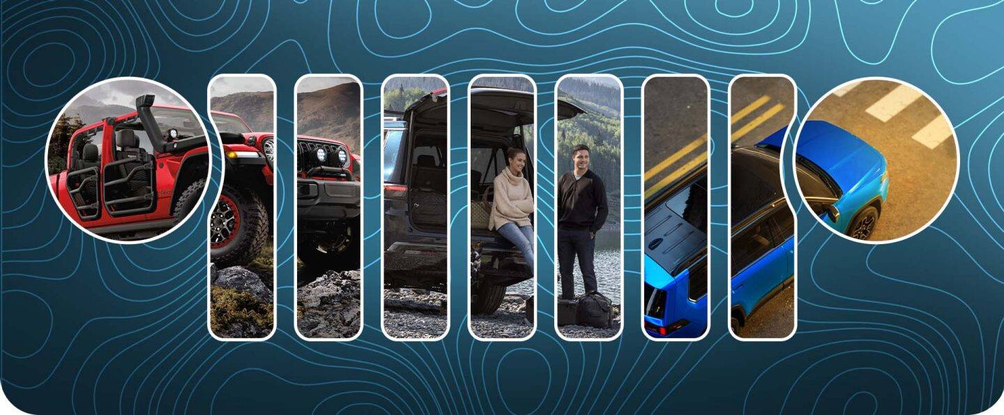 Tres vehículos de la marca Jeep 2026: un Gladiator rojo, una Grand Cherokee gris y una Cherokee azul parcialmente visible detrás de una silueta de los focos delanteros y la parrilla del Jeep Wrangler.