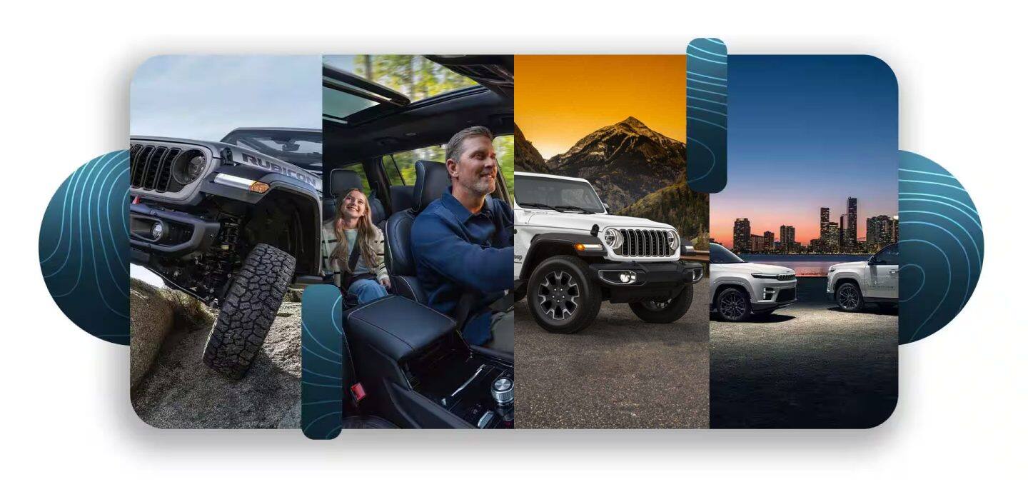 Un montaje de cuatro características de diseño de los vehículos de la marca Jeep 2026: una goma de un Wrangler Rubicon, el interior de una Grand Cherokee con el techo corredizo abierto y un conductor y pasajero en su interior, dos modelos Grand Wagoneer, ambos de color blanco, enfrentados entre sí y estacionados junto al agua al atardecer.