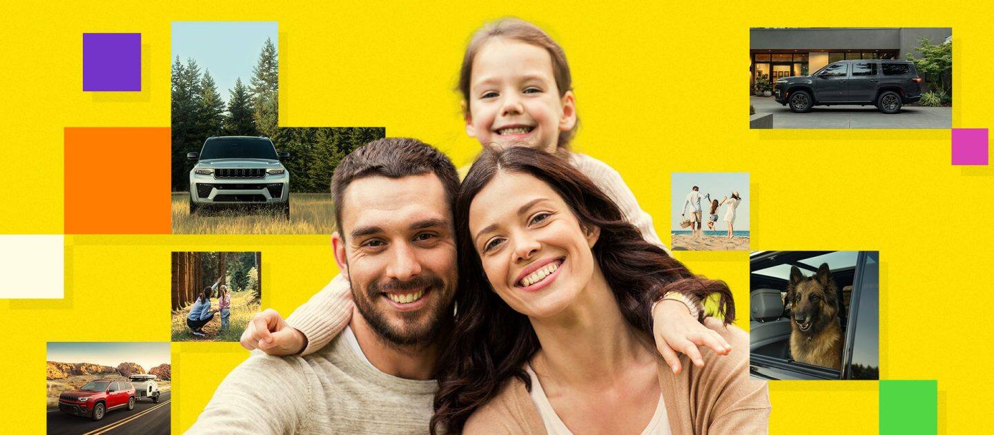 Una familia de tres miembros en primer plano y, al fondo, seis imágenes: tres SUV de la marca Jeep, una madre con su hija en el bosque, la familia de tres en la playa y un perro dentro de un vehículo.