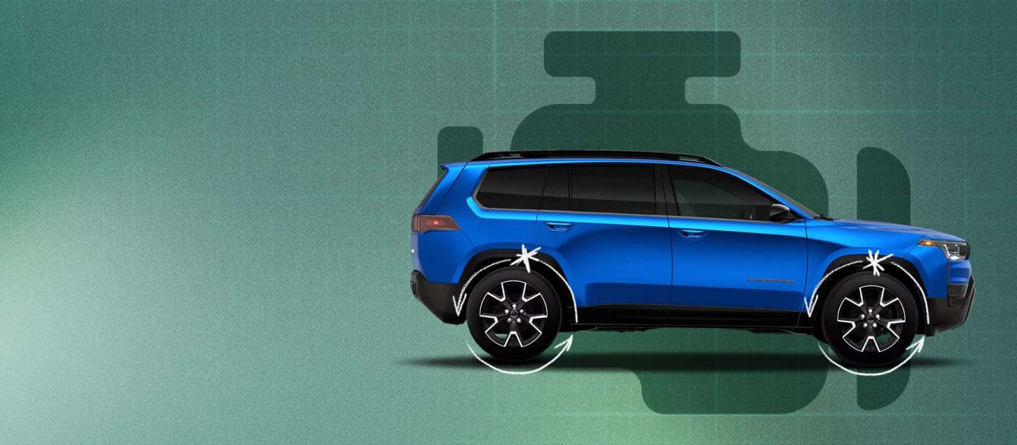 Perfil del lado del pasajero de una Jeep Cherokee Laredo 2026 azul con líneas ilustradas alrededor de las gomas que representan el vehículo deteniéndose y enviando energía de vuelta a los aros para avanzar.
