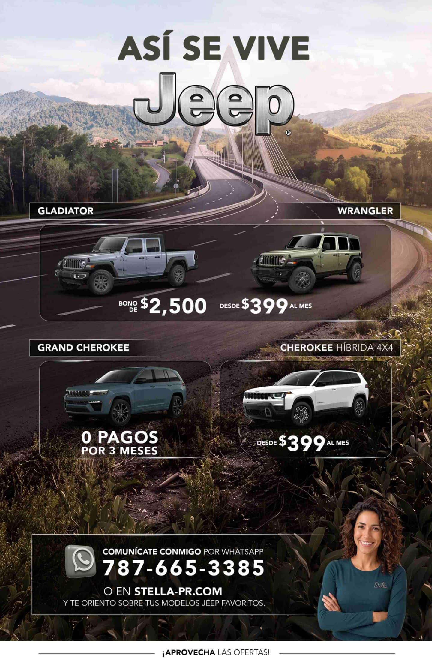 Logo de Asi se Vive Jeep, Gladiator anunciando bono y Wrangler con pago mensual. Debajo Grand Cherokee con 0 pago por 3 meses y Cherokee con pago mensual. Terminando con la asesora automotriz virtual Stella para contactarla a través de Website y whatsapp.
