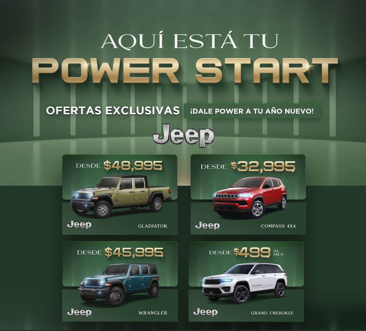 Logo del evento de Power start event. Enseñando los modelos Jeep Grand Cherokee, Compass, Gladiator y Wrangler.
