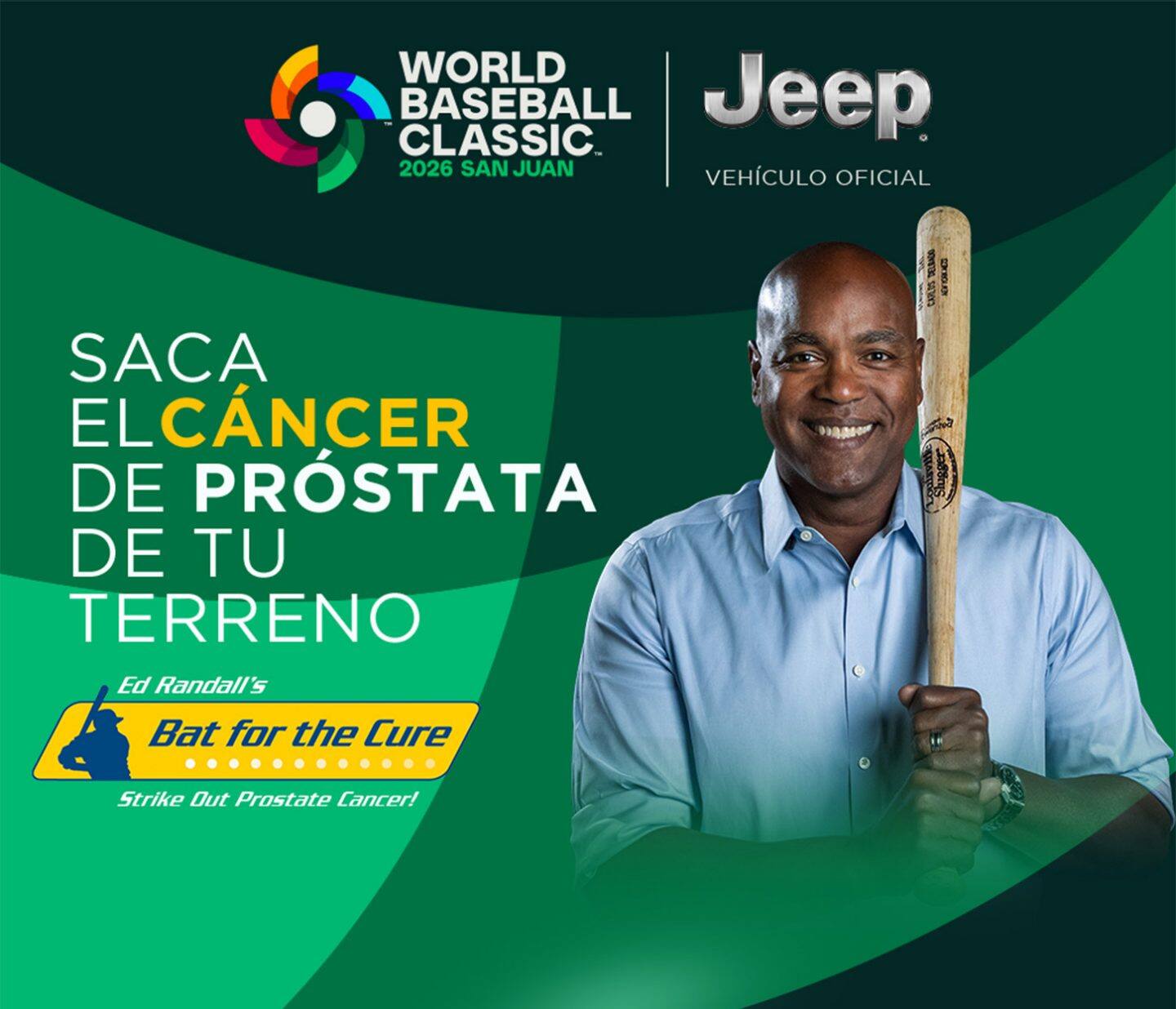 World Baseball Classic Logo y Logo de Jeep con Carlos Delgado promoviendo el esfuerzo de Bat for The Cure sobre el cáncer de la próstata en Puerto rico. En el Estadio Hiram Bithorn 6-11 de marzo. Con pruebas de sangre gratis y confidencial. Jeep Cherokee imagen para que conozcan el nuevo vehículo durante el juego del clásico.