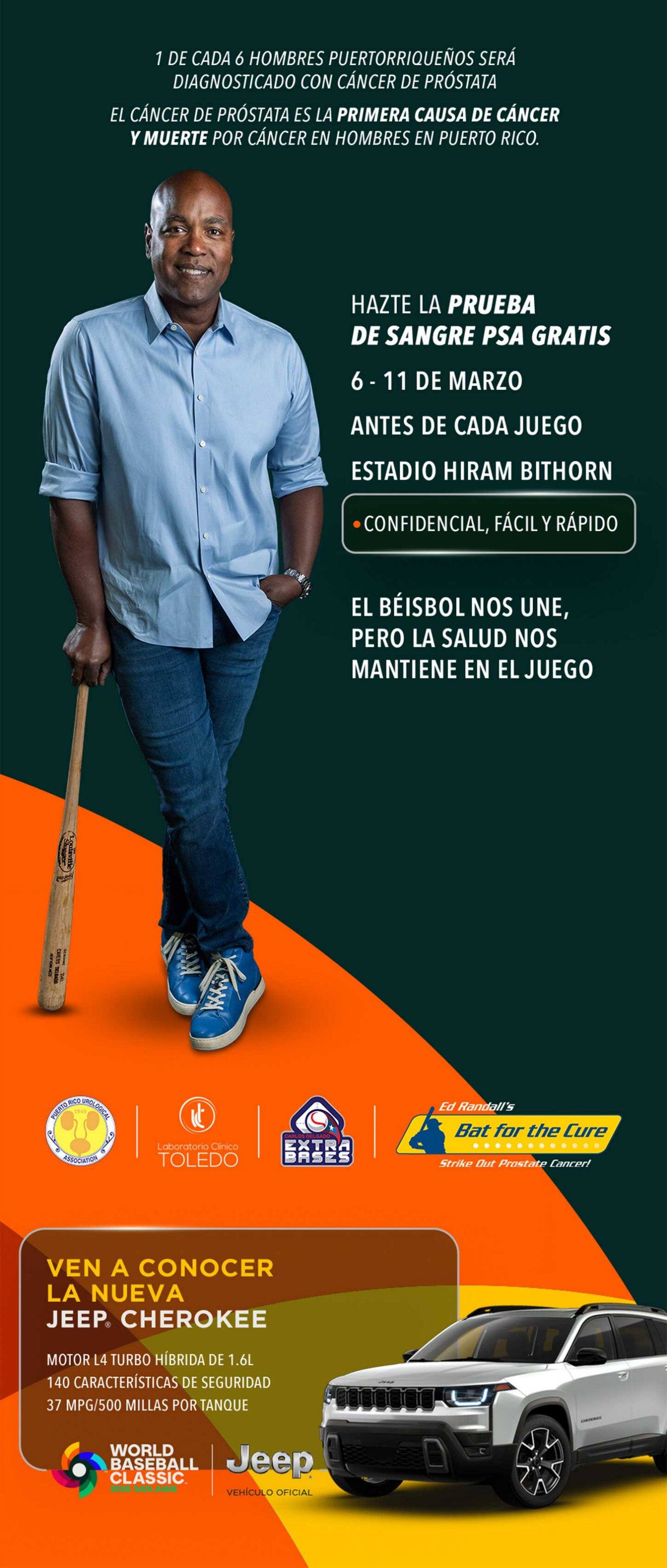 World Baseball Classic Logo y Logo de Jeep con Carlos Delgado promoviendo el esfuerzo de Bat for The Cure sobre el cáncer de la próstata en Puerto rico. En el Estadio Hiram Bithorn 6-11 de marzo. Con pruebas de sangre gratis y confidencial. Jeep Cherokee imagen para que conozcan el nuevo vehículo durante el juego del clásico.