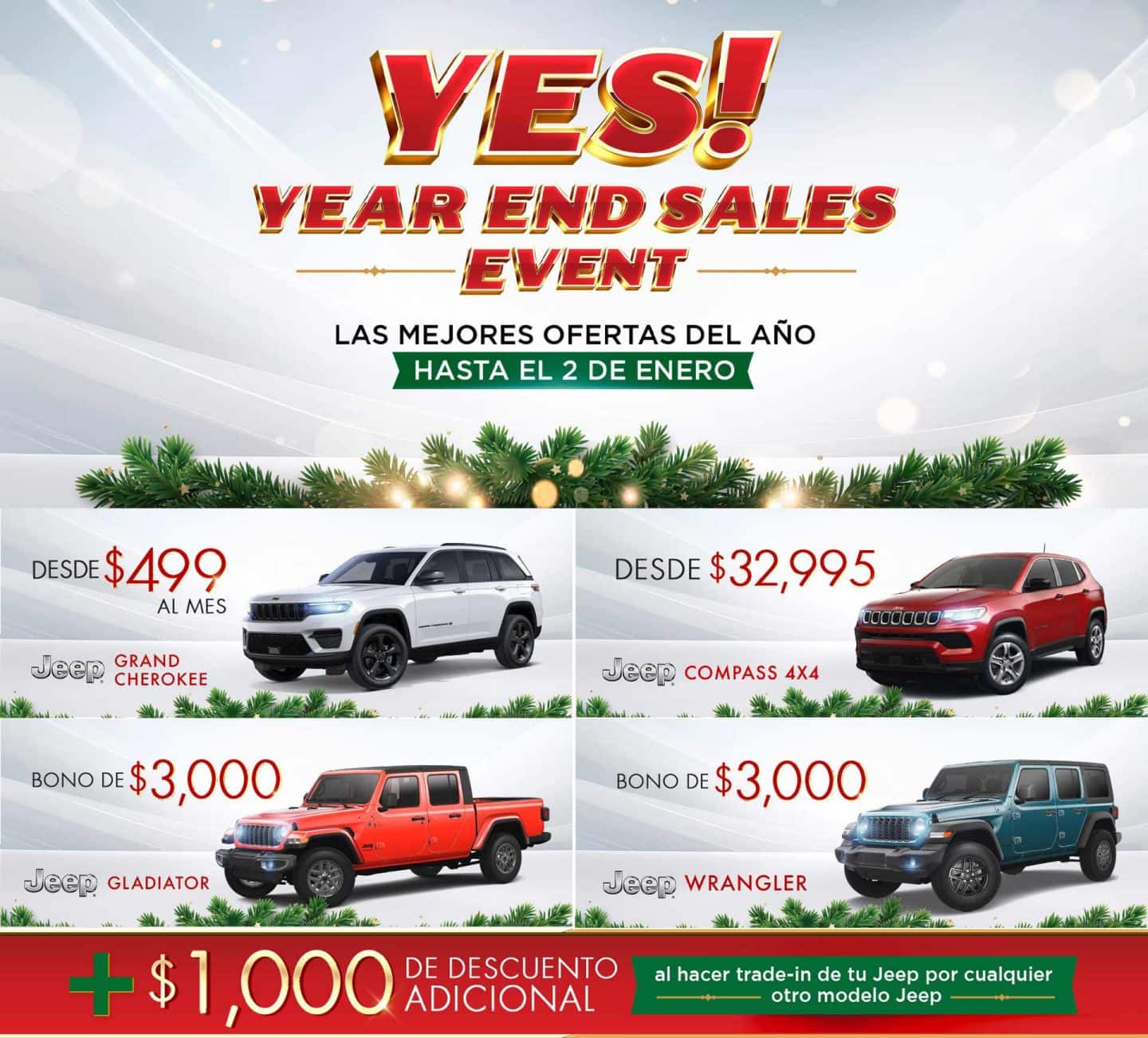 Logo de YES Event, con fecha de hasta el 2 de enero 2026. Enseñando los modelos Jeep Grand Cherokee, Compass, Gladiator y Wrangler. 
