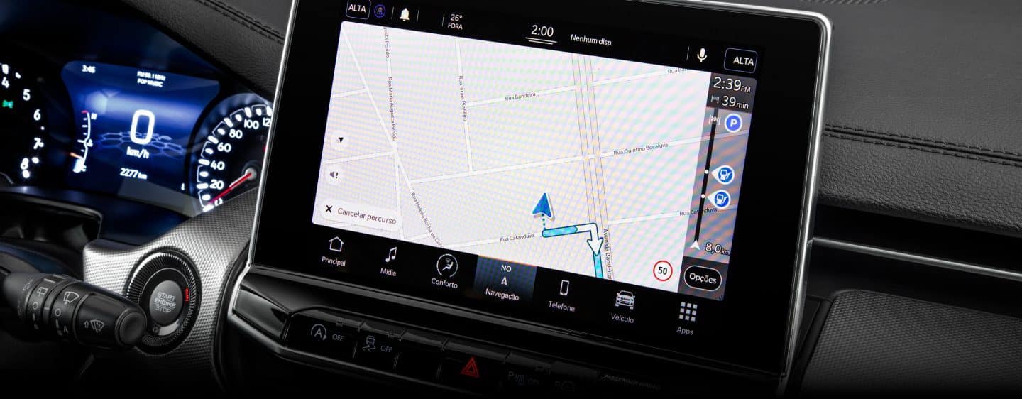 The Uconnect touchscreen in the 2023 Jeep Compass displaying a variety of available apps.