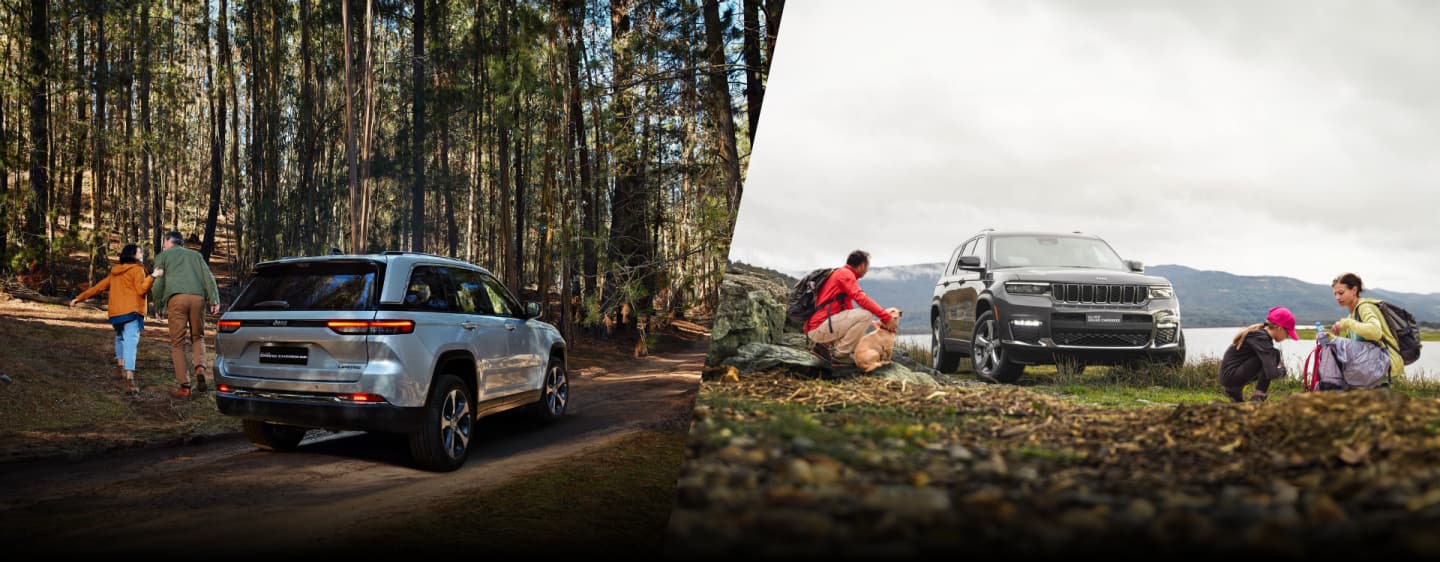 Three 2023 Jeep Grand Cherokee models, including the three-row Grand Cherokee L Summit Reserve and the Grand Cherokee 4xe, parked off-road in scrubby desert terrain.