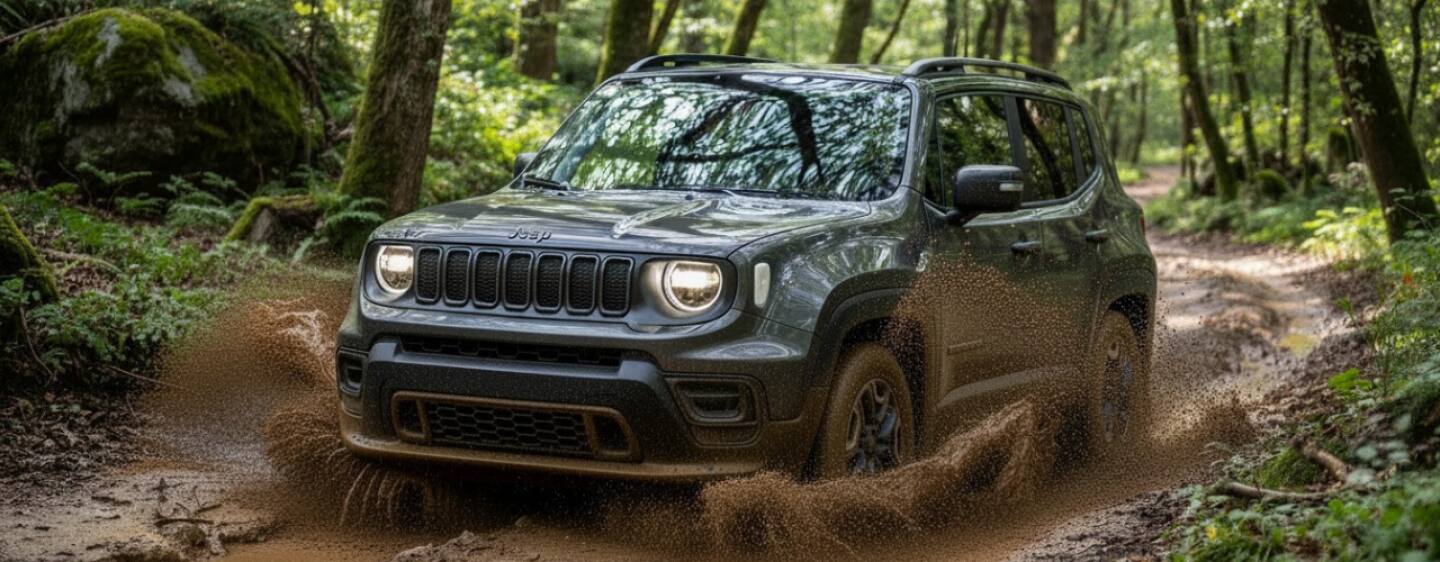 A yellow 2025 Jeep Renegade Trailhawk parked on bare rock with trees in the background.