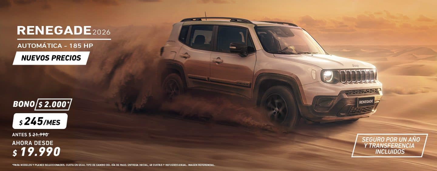 A blue gray 2023 Jeep Renegade Trailhawk fording through a narrow creek off-road, with water spraying above the vehicle's wheel wells. Renegade.