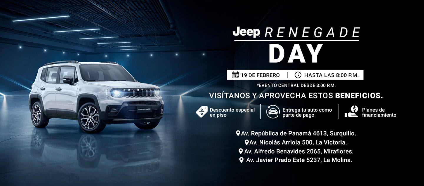 Banner promocional del Jeep Renegade Day con vehículo blanco y detalles del evento en Lima.