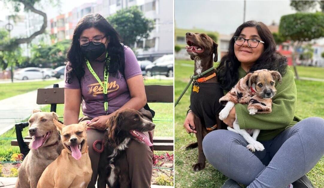 Paola Peralta junto a dos perritos rescatados en el parque