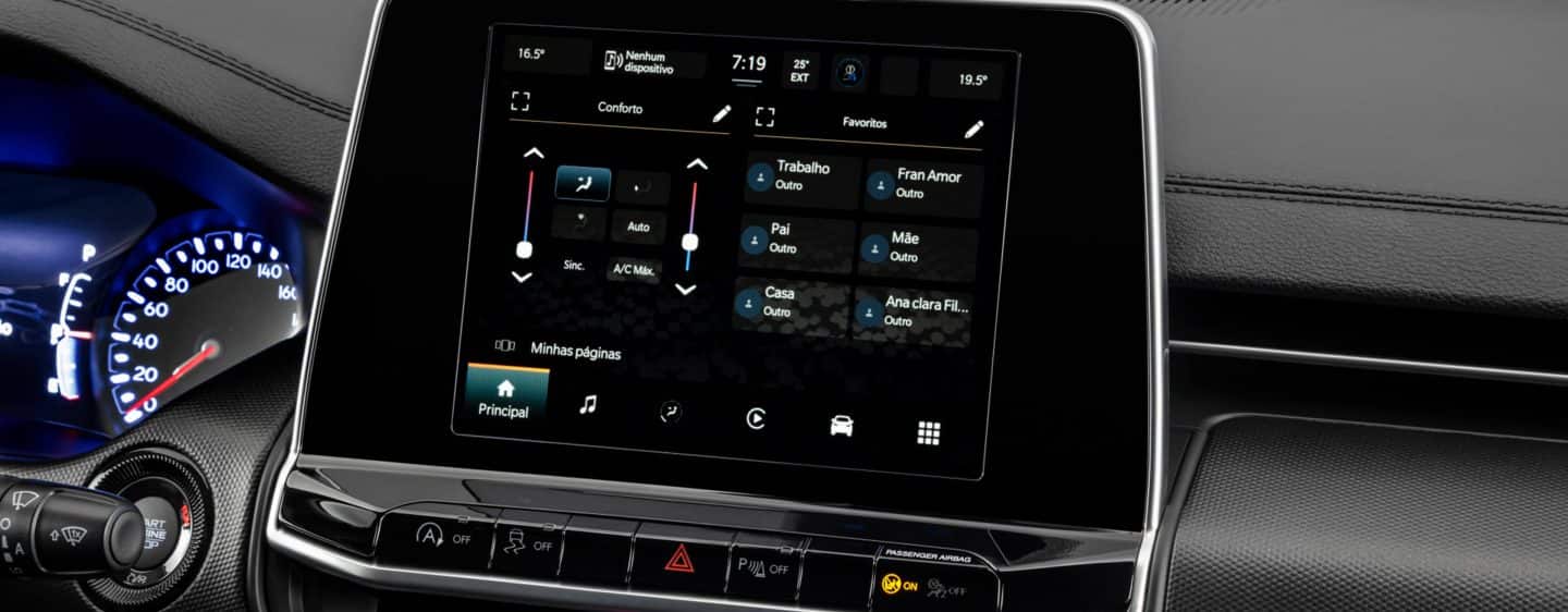 The Uconnect touchscreen in the 2023 Jeep Compass displaying a variety of available apps.