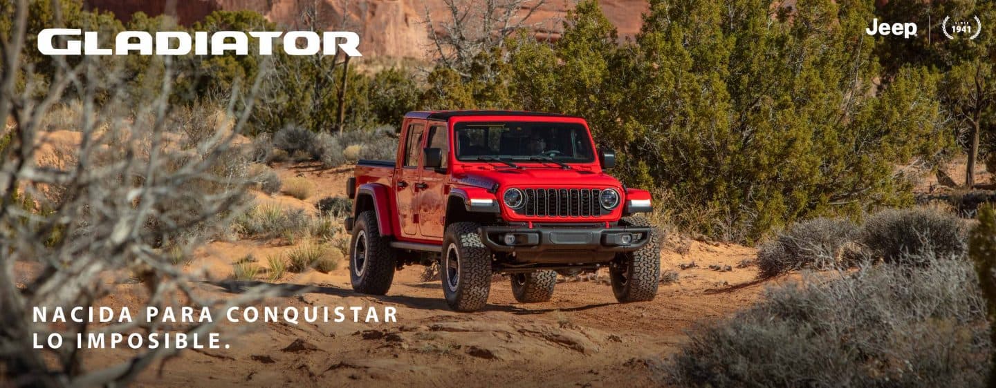 A driver-side profile of a lime green Jeep Gladiator Rubicon parked on a clearing with forest mountain in the background. Gladiator. The Memorial Day Sales Event logo.