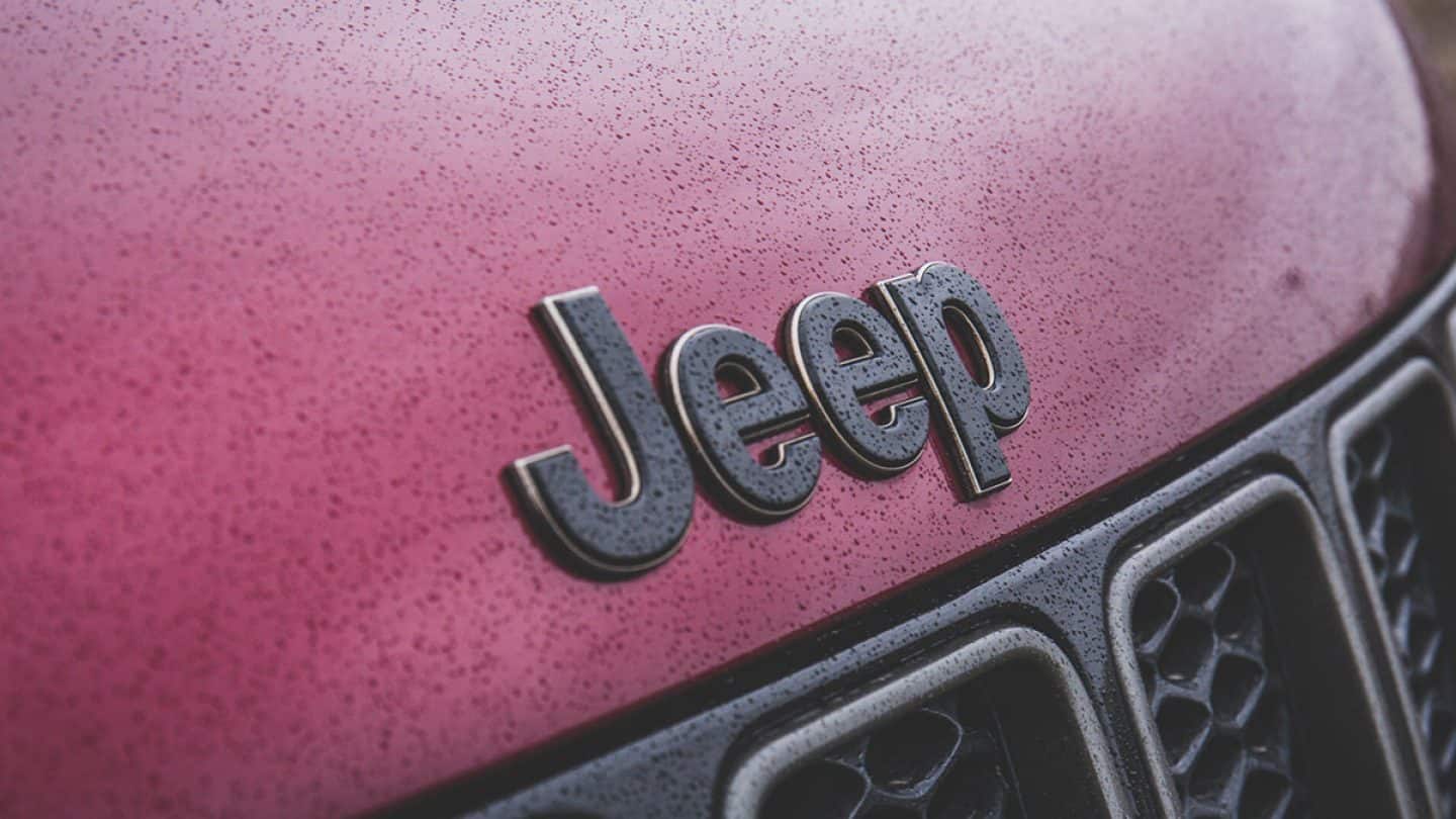 Display Close up of Jeep badge on hood.