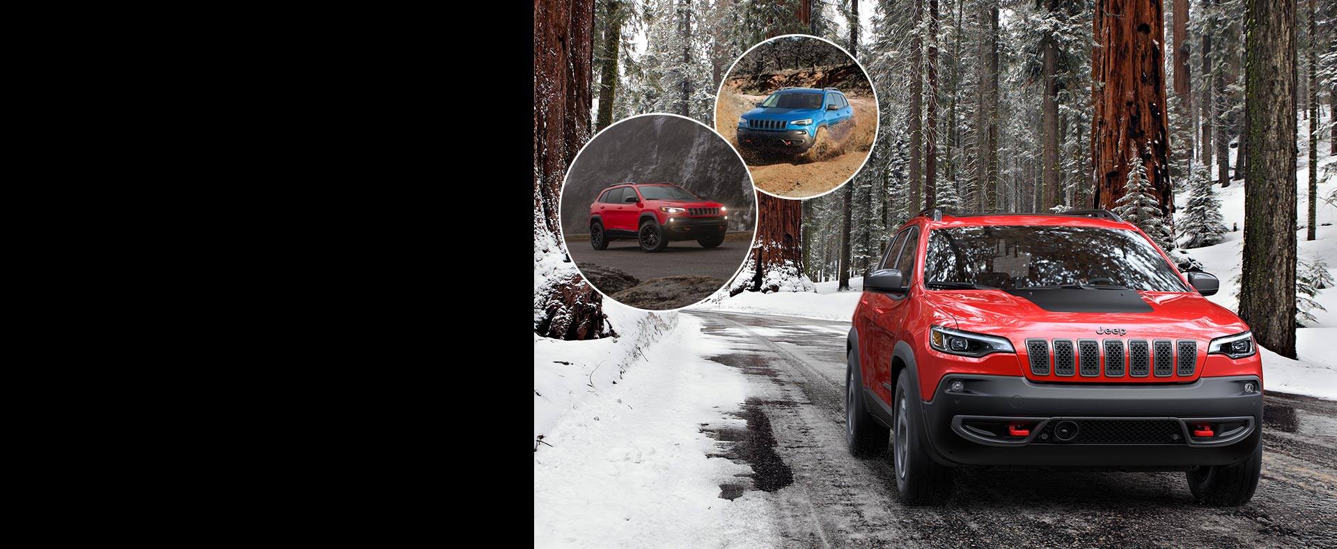 Left image: Jeep Cherokee parked with headlamps on. Center image: Jeep Cherokee being driven in muddy terrain. Right Image: Jeep Cherokee being driven in a snowy forest.
