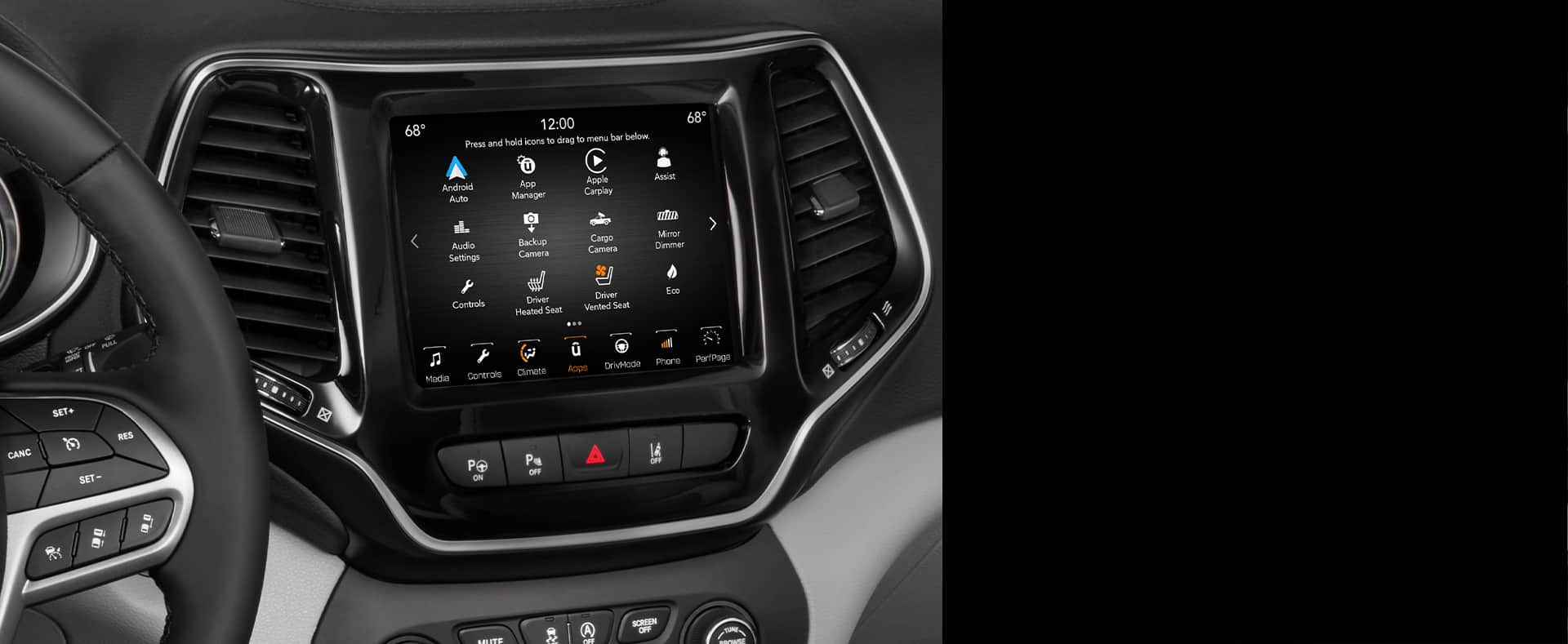 Close-up of touchscreen in Jeep Cherokee.