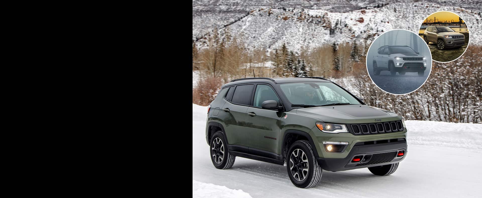 2021 Jeep Compass on packed snow. Inset images show Compass in foggy conditions and parked beside a river