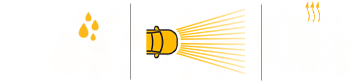 Illustration of raindrops hitting the windshield wipers. Illustration of the vehicle's headlamps illuminating the road ahead. Illustration of heat rising from a steering wheel.