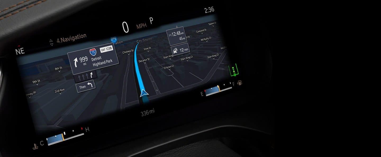 The 10.25-inch Driver Information Digital Cluster Display, showing navigation directions with a route map.