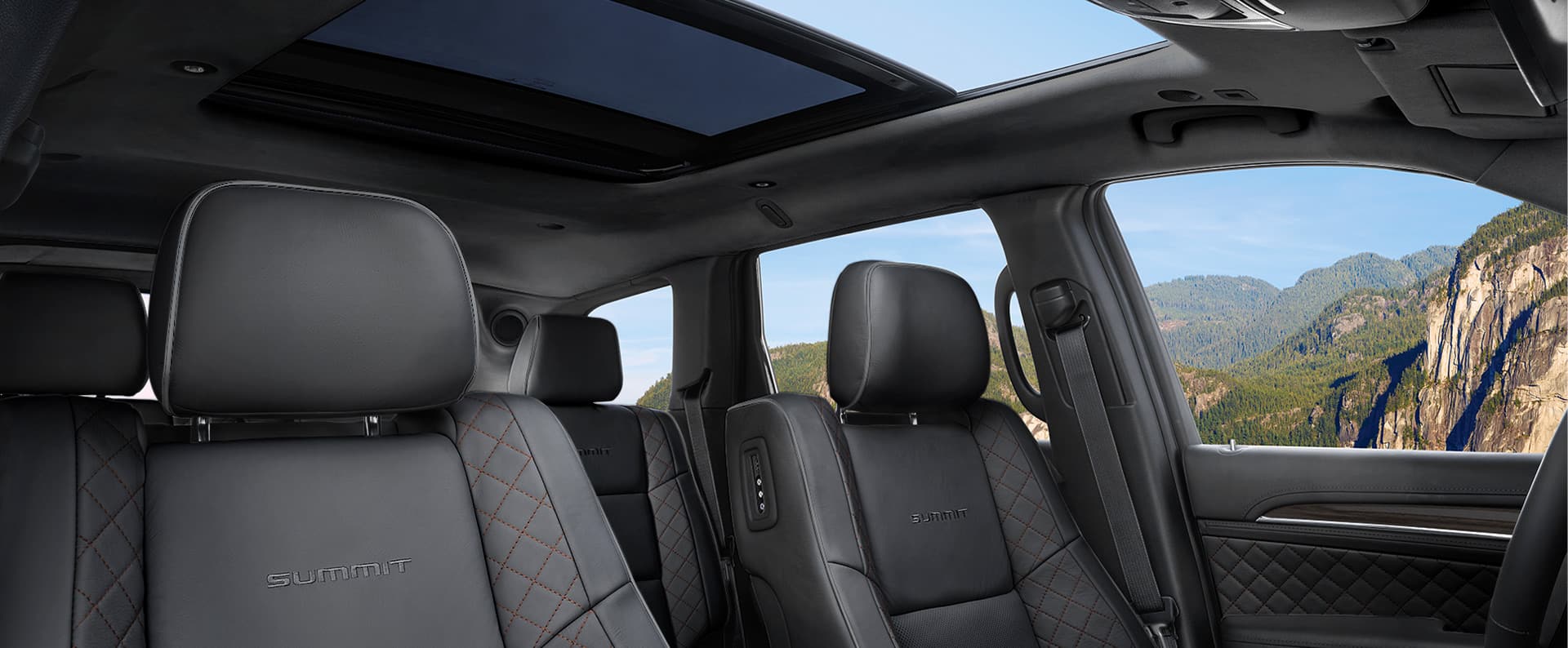 The interior of the 2021 Jeep Grand Cherokee Summit focusing on the front seats and CommandView Dual Pane Panoramic Sunroof.